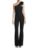 Beba One-Shoulder Jersey Flare-Leg Jumpsuit, Black