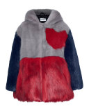 Hooded Colorblock Heart Faux-Fur Jacket, Gray/Red, Size 2-12