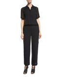 Short-Sleeve Collared Jumpsuit, Black