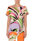 Printed Boat-Neck Boxy Tee, Pink/Green