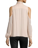 The Vida Silk Cold-Shoulder Blouse, Pale Pink