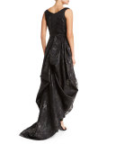 Sleeveless Metallic-Baldachin High-Low Gown, Black