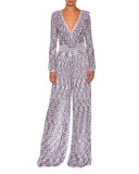 Ruffled V-Neck Wide-Leg Jumpsuit, Purple