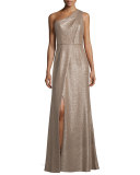 One-Shoulder Belted Metallic Gown 