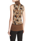 Sleeveless Graphic Turtleneck w/ Ribbed Trim, Camel