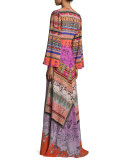 Ribbon-Print Tie-Neck Peasant Gown, Purple