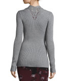 Long Crochet-Trim Wool Cardigan, Chrome