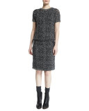 Short-Sleeve Embroidered Knit Dress, Onyx