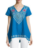 Tara Short-Sleeve Embroidered Linen Tee