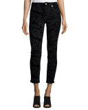 Velveteen Paisley Ankle Skinny Jeans, Black