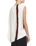 Brushstroke-Print Asymmetric Top, Ebony/Claret/White