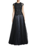 Cap-Sleeve Lace Ball Gown, Black 