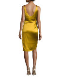 Isabella Sleeveless Satin V-Neck Dress with Lace-Up Slit, Gold