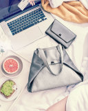 Anouk  Leather Clutch Bag w/Chain, Gray Metallic