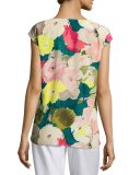 Joanie Cap-Sleeve Celia Bouquet Silk Blouse, Multi