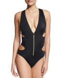 Lilly Cutout Zip-Front One-Piece Swimsuit, Black