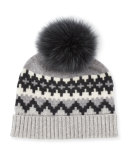 Fair Isle Cashmere Fur-Pom Beanie Hat, Gray