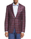 Plaid Wool Two-Button Sport Coat, Berry Red/Blue