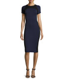 Luxe Sculpture Knit Short-Sleeve Dress, Navy/Caviar