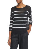Long-Sleeve Striped Linen Crop Top, Black/White 