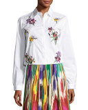 Floral-Embroidered Cotton Blouse, White