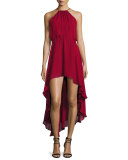 Silk Asymmetric High-Low Dress, Crimson