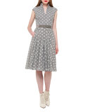 Square-Print Cap-Sleeve A-Line Dress, Silver/Charcoal