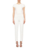 Cap-Sleeve Ruffle-Placket Shirt, Cream