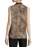 Leopard-Print Sleeveless Silk Blouse, Almond Cream