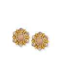 Cabochon Beaded Button Clip Earrings, Beige/Golden