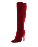 Hyper Pointed-Toe Velvet Knee Boot, Scarlet
