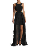 Sleeveless Cutout High-Low Hem Gown, Black