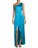 One-Shoulder Ruched Satin Gown, River Blue