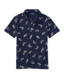 Shark-Print Mesh Polo Shirt, Navy, Sizes 2-4