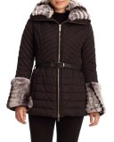 Aprés-Ski Rabbit-Trim Belted Jacket, Black