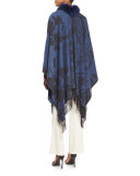 Paisley Fringe Cape with Fur Collar, Navy