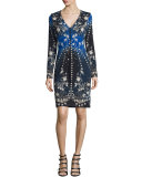 Star-Print Long-Sleeve V-Neck Dress, Blue/Multi