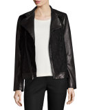 Lace-Panel Leather Moto Jacket, Black