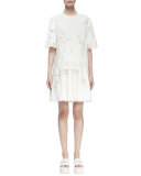 Half-Sleeve Layered Eyelet Dress, White