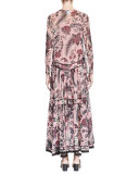 Cactus-Print Silk Maxi Dress, Pink/Burgundy