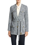 Collarless Tweed Wrap Jacket, New Navy