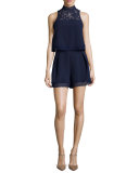 Lace-Trim Crepe Popover Romper, Navy