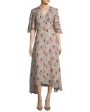 Short-Sleeve Printed Silk Midi Dress, Pumice
