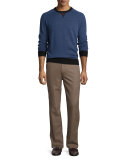 Sueded-Trim Crewneck Sweater, Navy