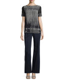 Short Mesh-Sleeve Brushed Jacquard Sweater, Ink Multi