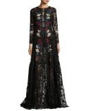 Dupont Long-Sleeve Embroidered Floral Tulle Gown, Jet