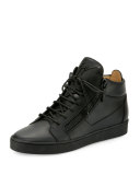 Men's Tonal Leather Mid-Top Sneaker, Black