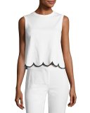 Sleeveless Scalloped Cotton Jersey Tee, White