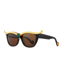 Empress Embellished Square Sunglasses w/ Crystal Center, Black/Emerald