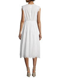 Sleeveless Garden-Embroidered Midi Dress, Snow